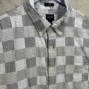 J. Crew Patchwork Short Sleeve Button Down Shirt Men's Large Slim‎ Fit Blue Gray